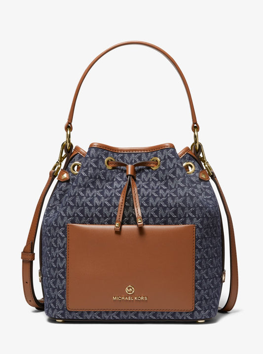 Smith Medium Denim Logo Jacquard Bucket Bag