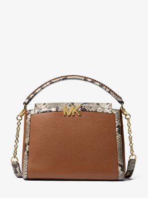 Karlie Medium Pebbled and Snake Embossed Leather Satchel
