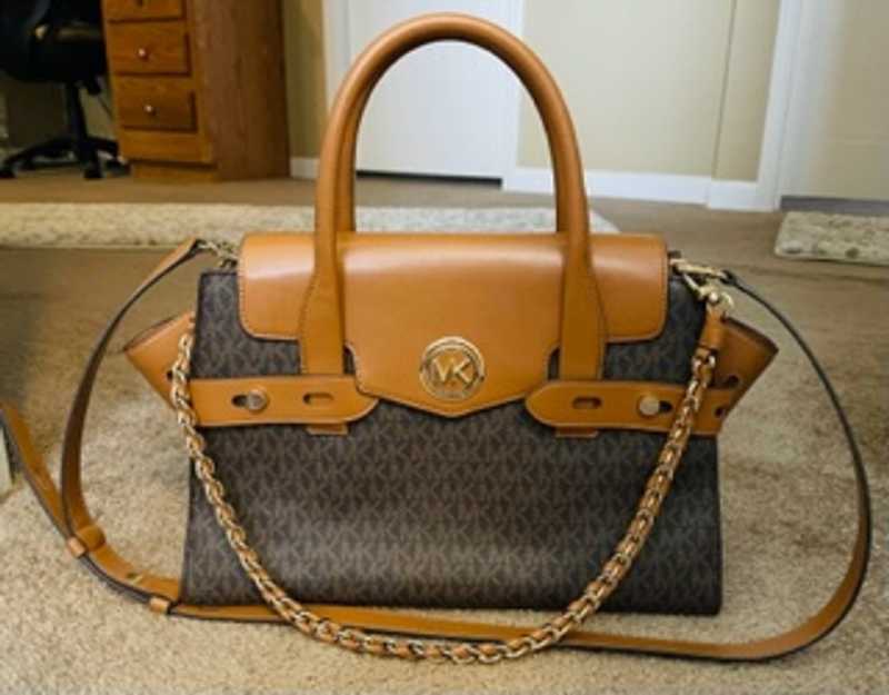 Michael Kors Carmen Small Color-Block Saffiano Leather Belted Satchel -  Brown