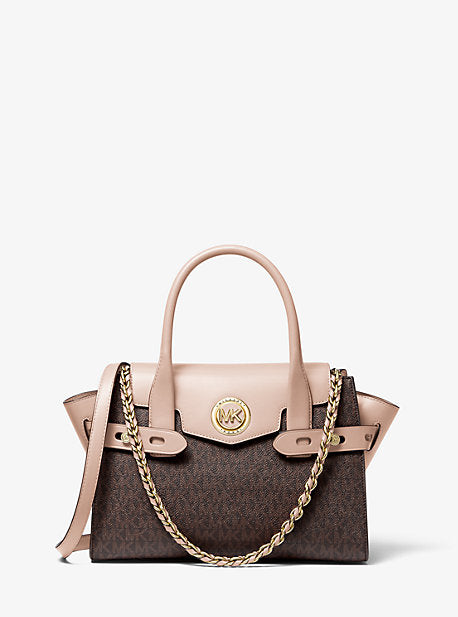 Michael kors carmen small 2025 logo and leather belted satchel