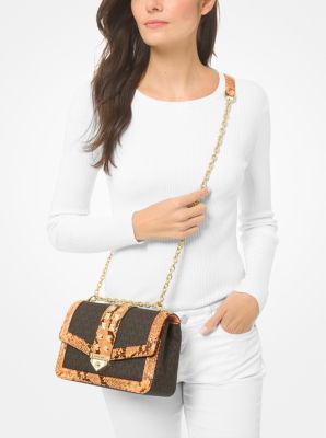 SoHo Large Studded Snake Embossed Leather and Logo Shoulder Bag
