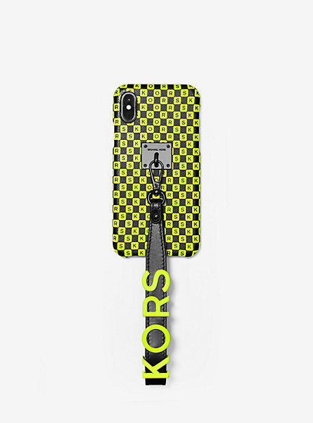 Neon Checkerboard Logo Leather Wristlet Case For iPhone X/XS